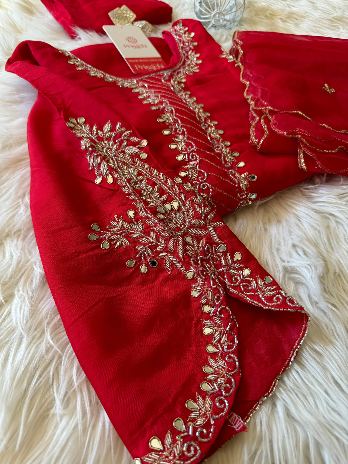 Women’s Mirror Work & Zardozi Embroidered Kurta Set with Dupatta & Pants