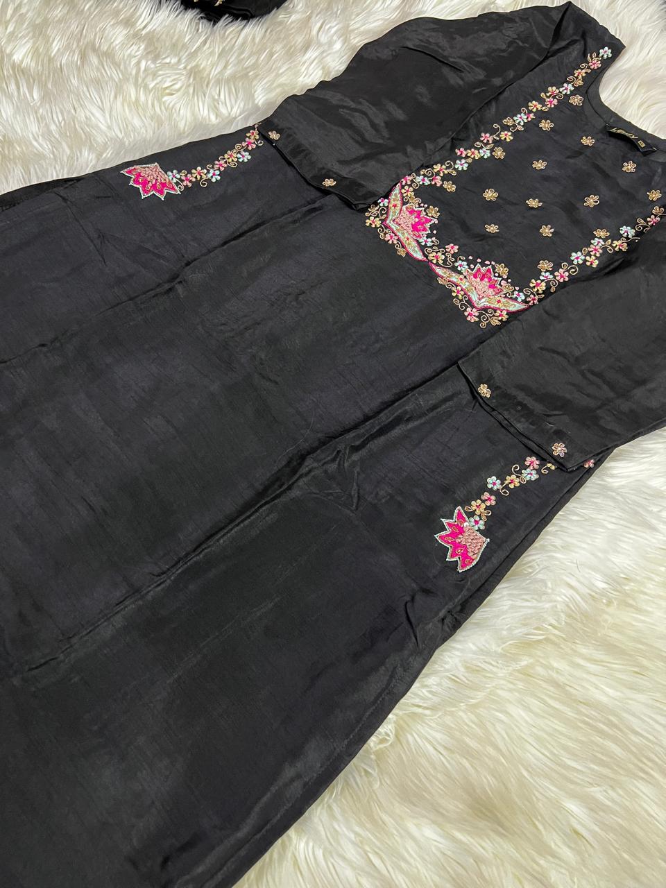 Wine embroidered chanderi silk kurta set with dupatta