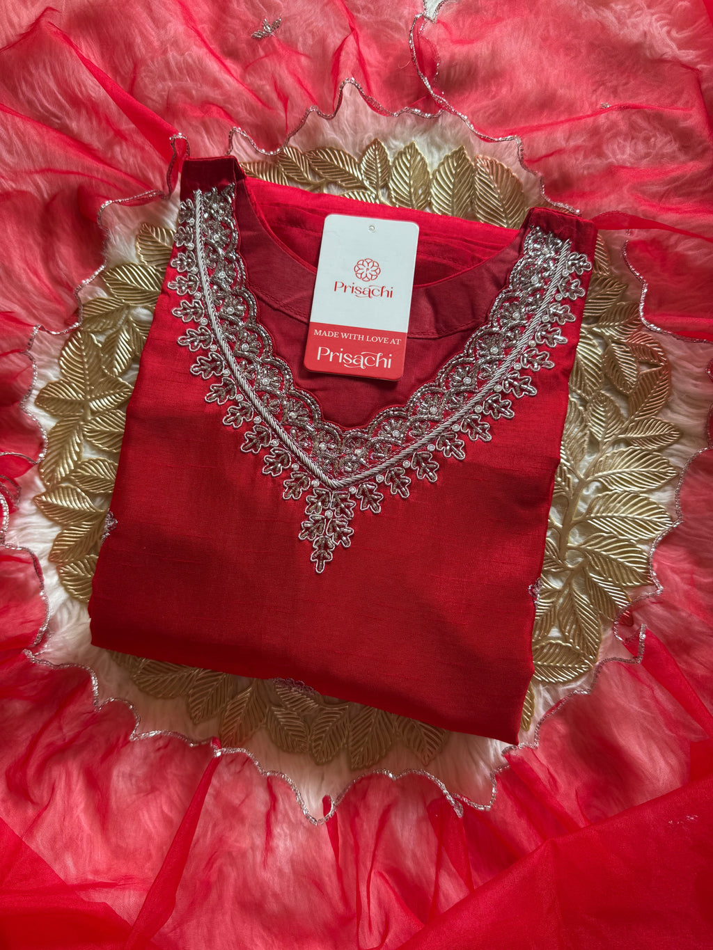 Red embroidered kurta Pant  with dupatta