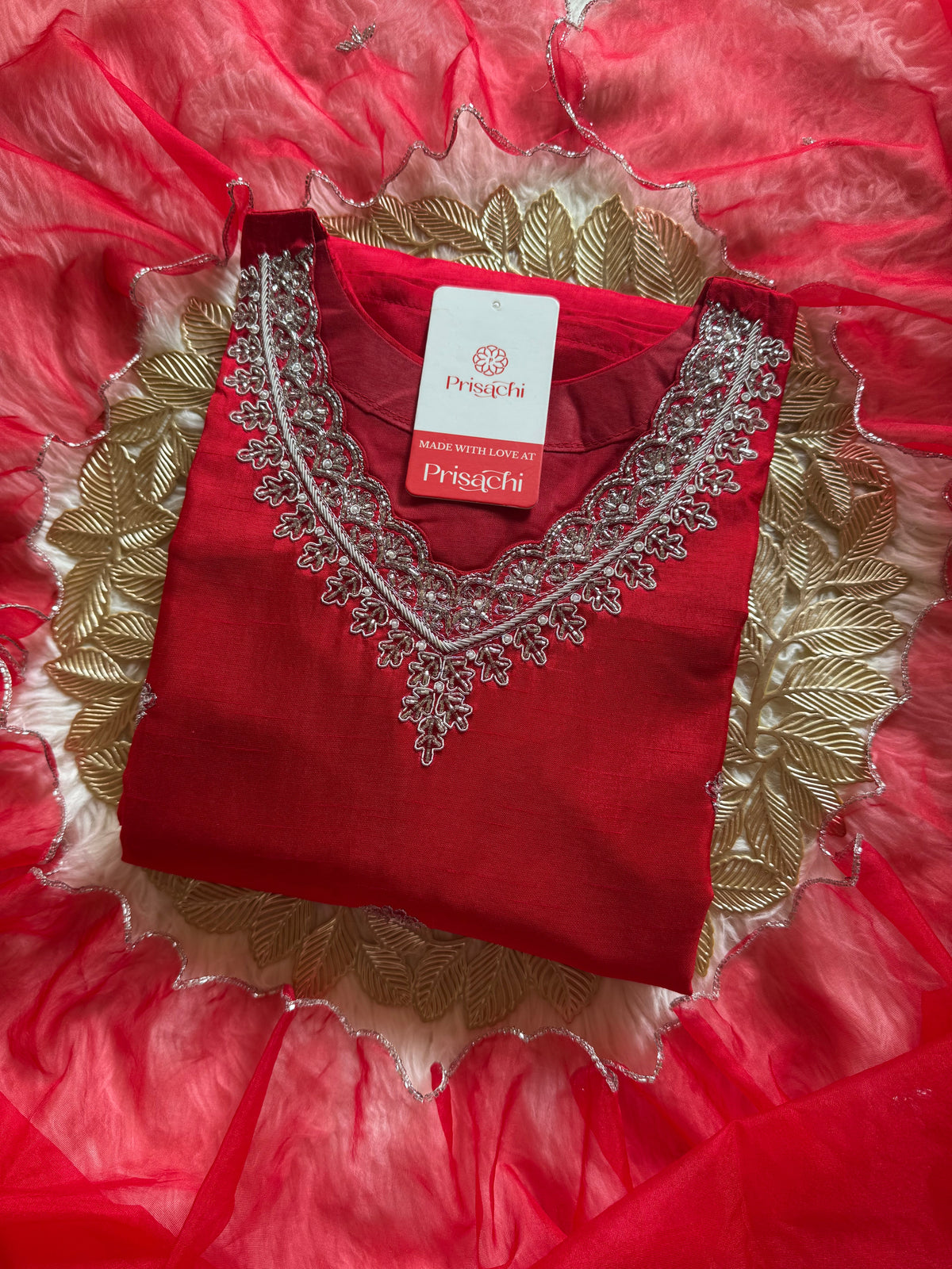 Red embroidered kurta Pant  with dupatta