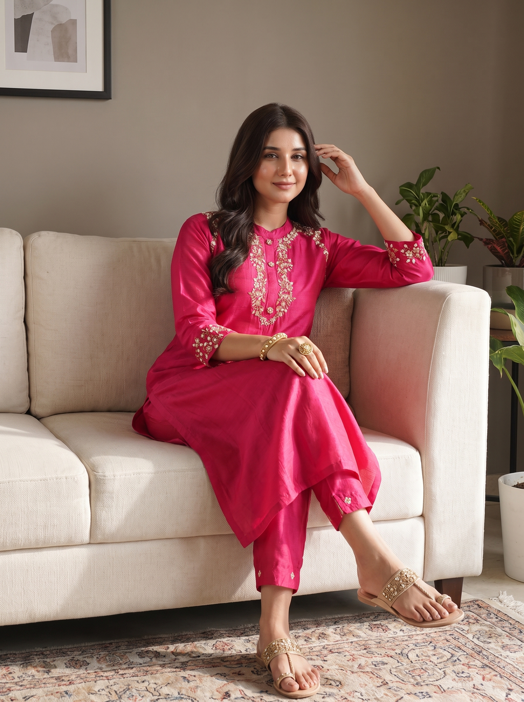 Pink Embroidery Kurta Set With Pants & Dupatta | Festive & Daily Wear