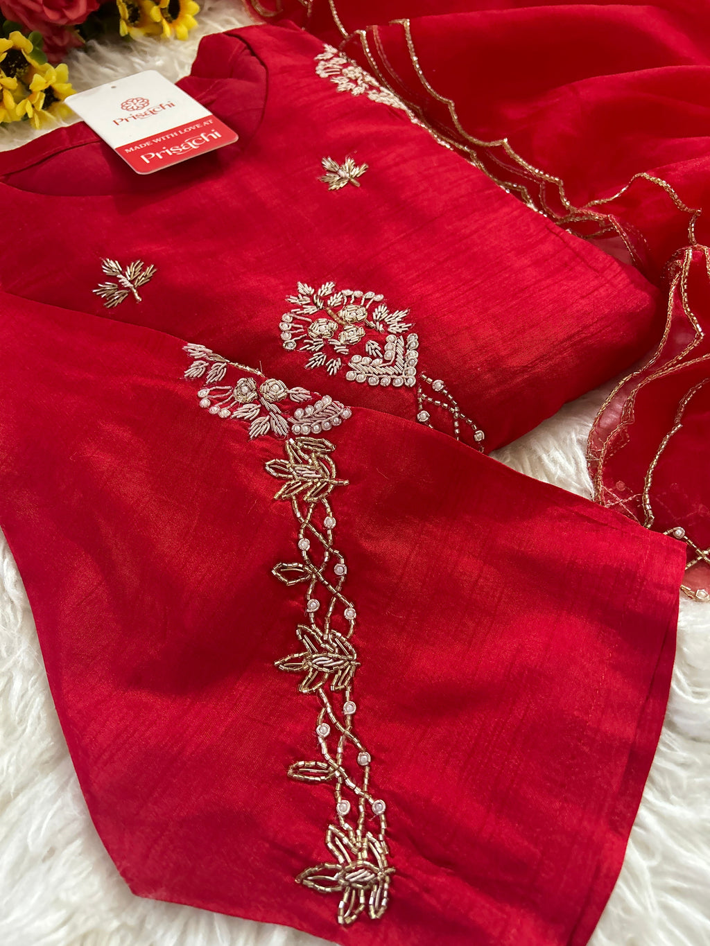 Red Designer Embroidered kurta set with dupatta