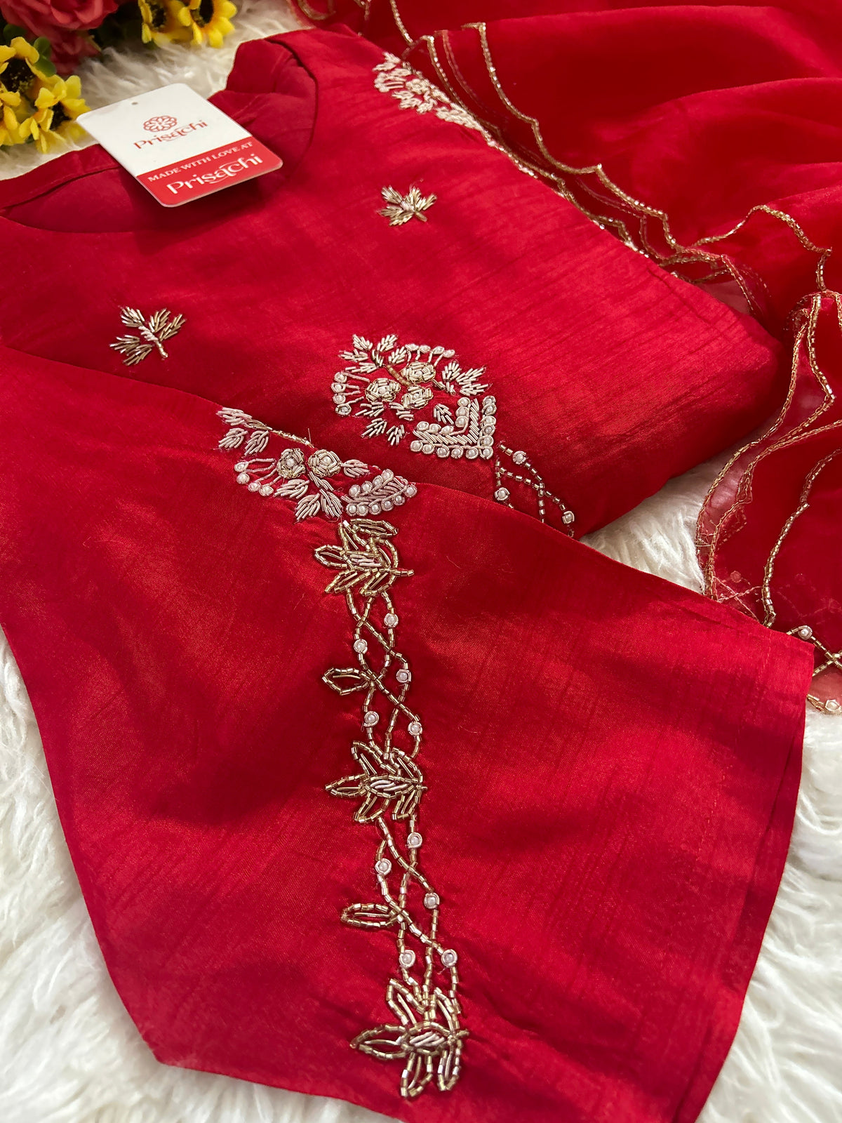 Red Designer Embroidered kurta set with dupatta