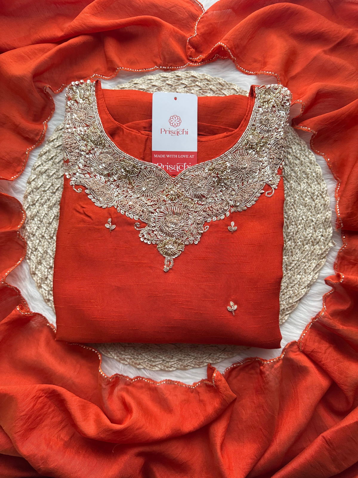 Red Embroidered kurta Pant with dupatta