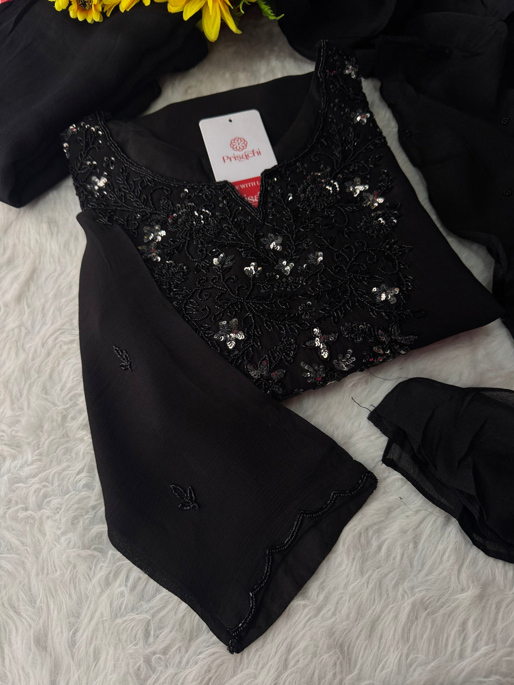 Black Designer Embroidered Kurta set with Palazzo and dupatta