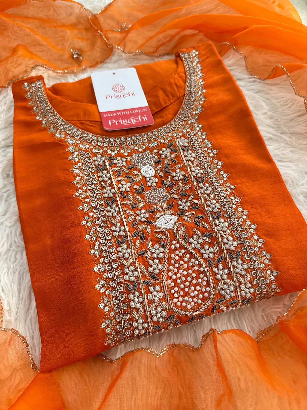Orange  Designer embroidered kurta set with dupatta