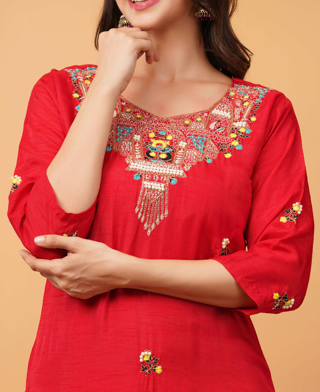 Red Designer Embroidered Ethnic Kurta Set with Pant & Dupatta