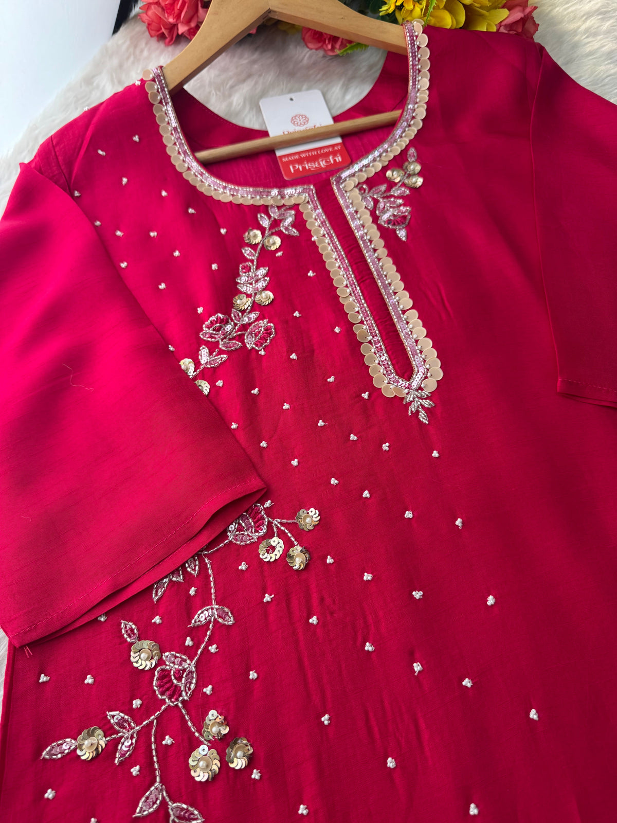 Pink Designer Embroidered Ethnic Kurta Set with Pants & Floral Dupatta