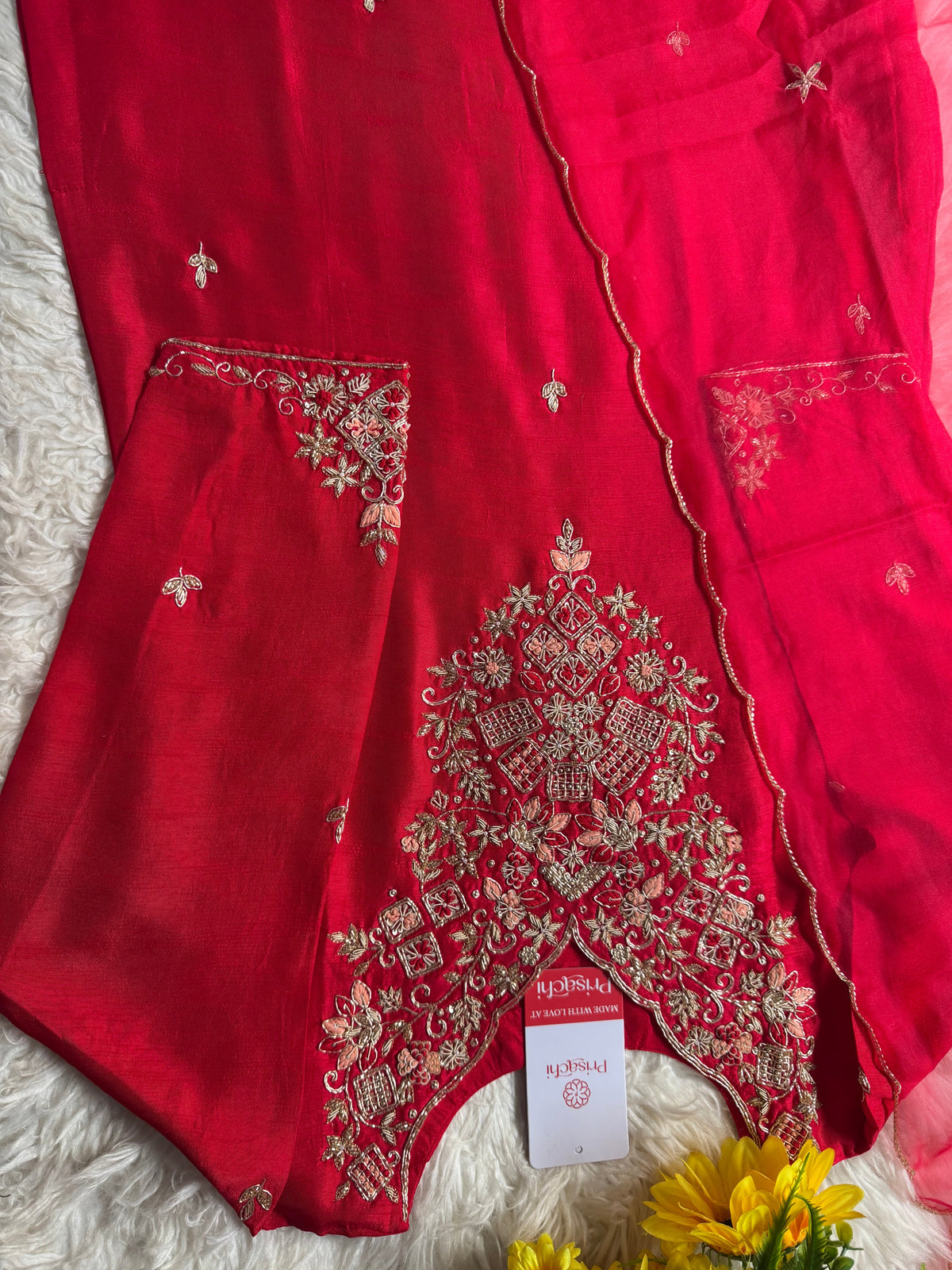 Red Embroidered kurta set with dupatta