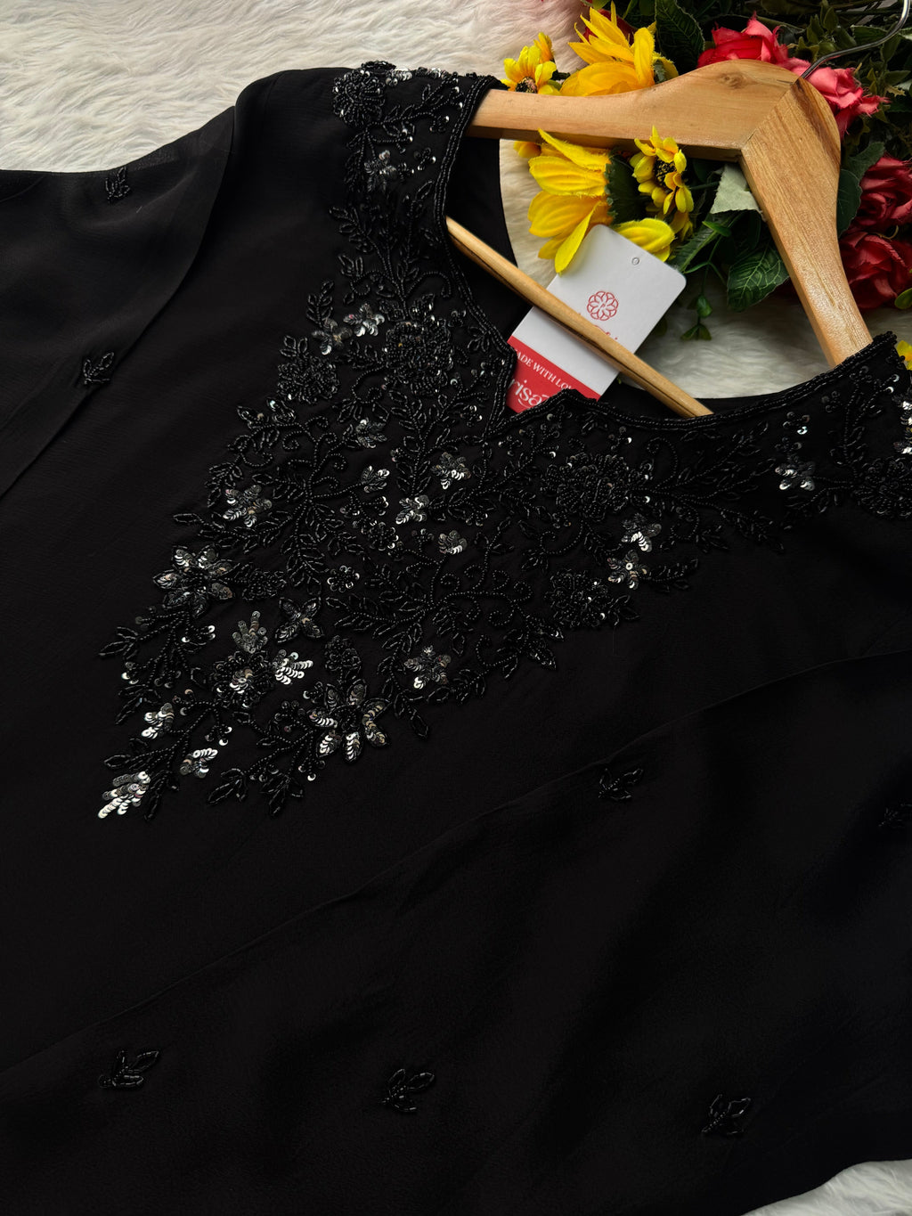 Black Designer Embroidered Kurta set with Palazzo and dupatta