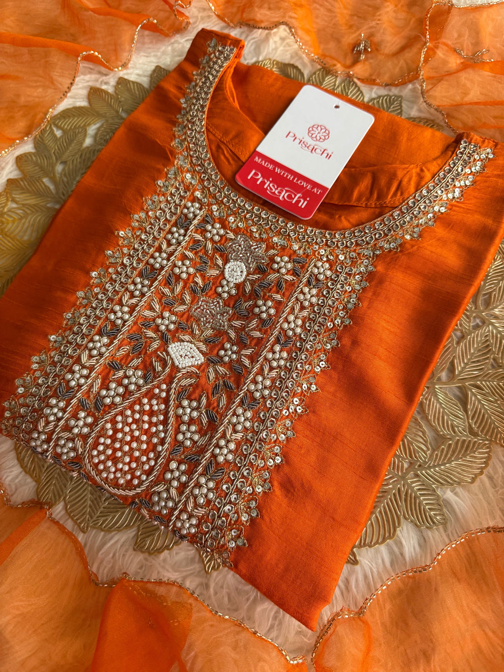 Orange  Designer embroidered kurta set with dupatta