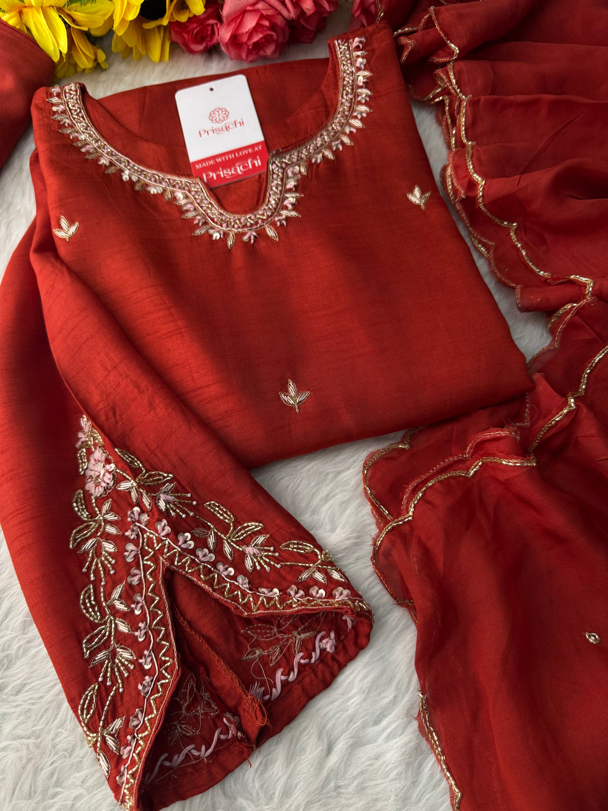 Orange Designer Embroidered Kurta Set with Pants & Dupatta Ethnic Wear