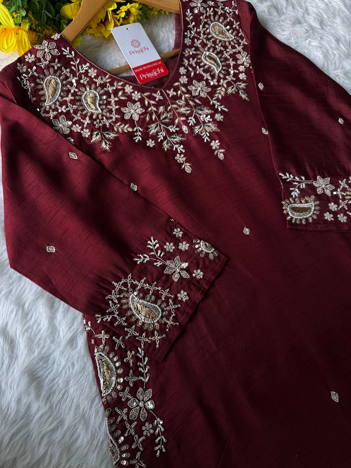Maroon Zardozi Embroidered Kurta Set for Women with Pants & Banarasi Dupatta | Traditional Ethnic wear