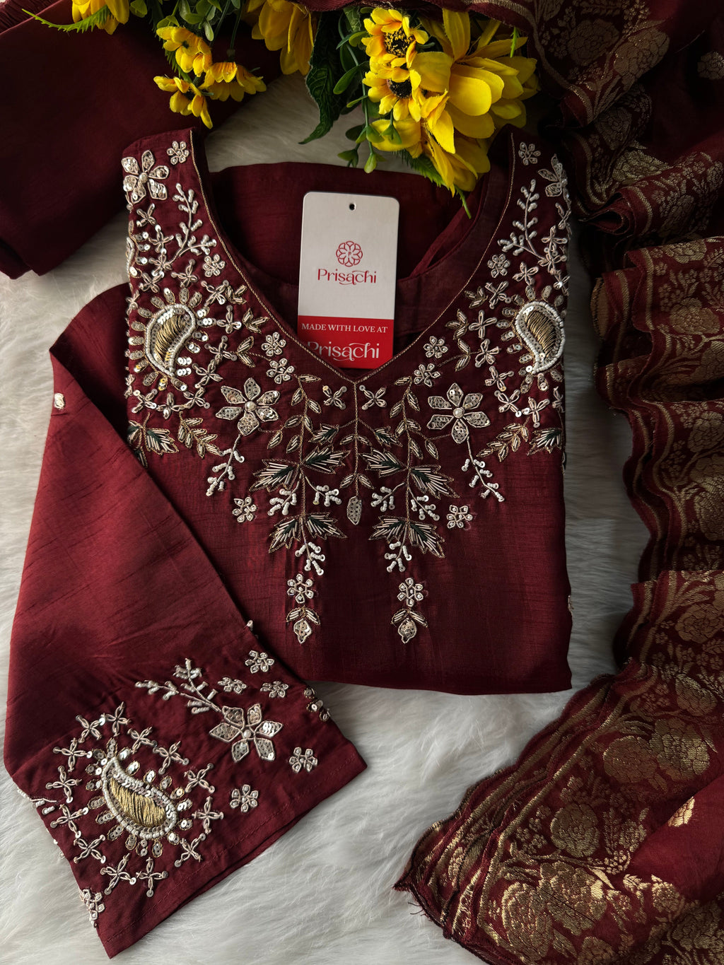 Brown hand embroidered kurta pant with dupatta with Pockets