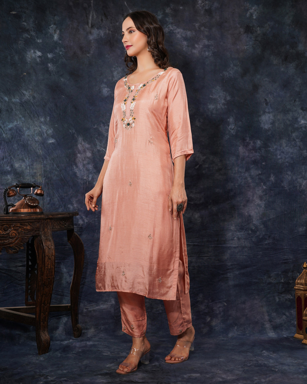 Peach embroidered kurta set with dupatta