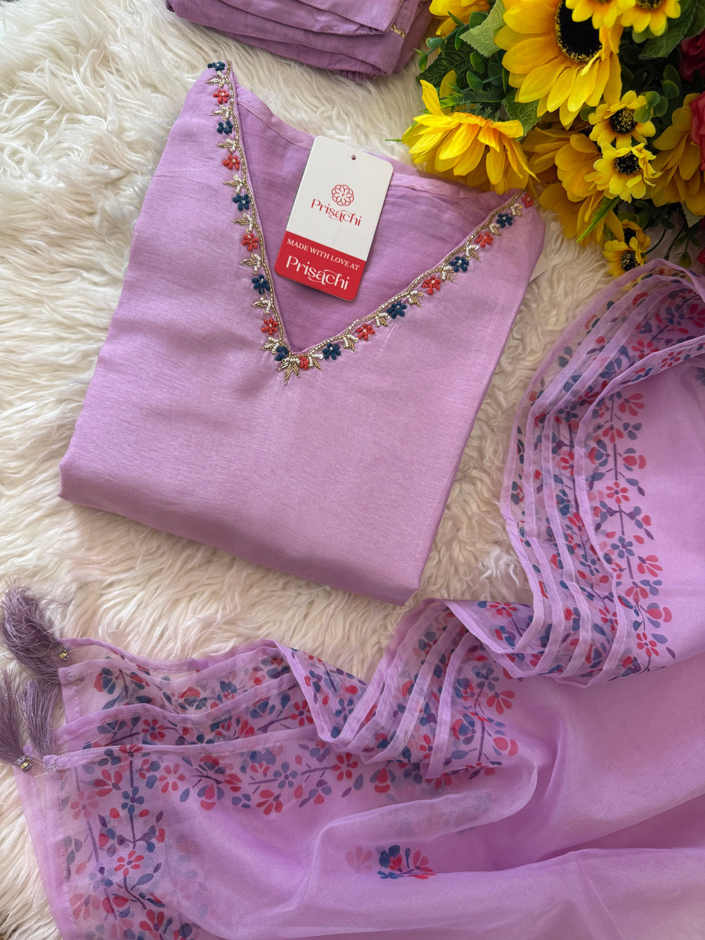 Purple cotton silk embroidered straight kurta set with dupatta