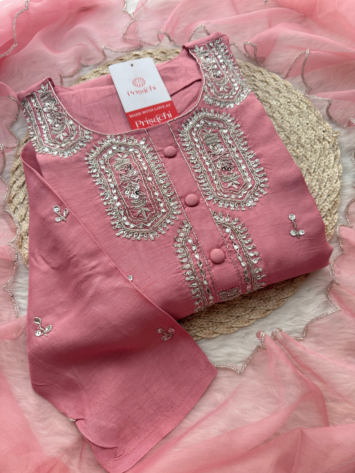 Pink embroidered kurta set with dupatta