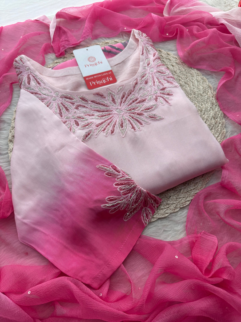 Baby Pink floral embroidered kurta set with dupatta and pant
