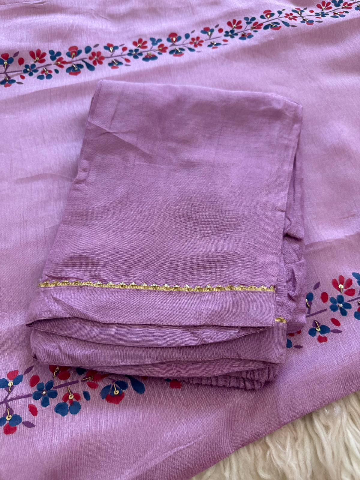 Purple cotton silk embroidered straight kurta set with dupatta