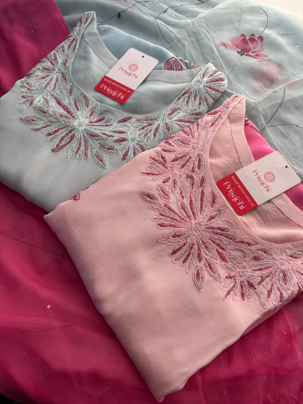 Baby Pink floral embroidered kurta set with dupatta and pant