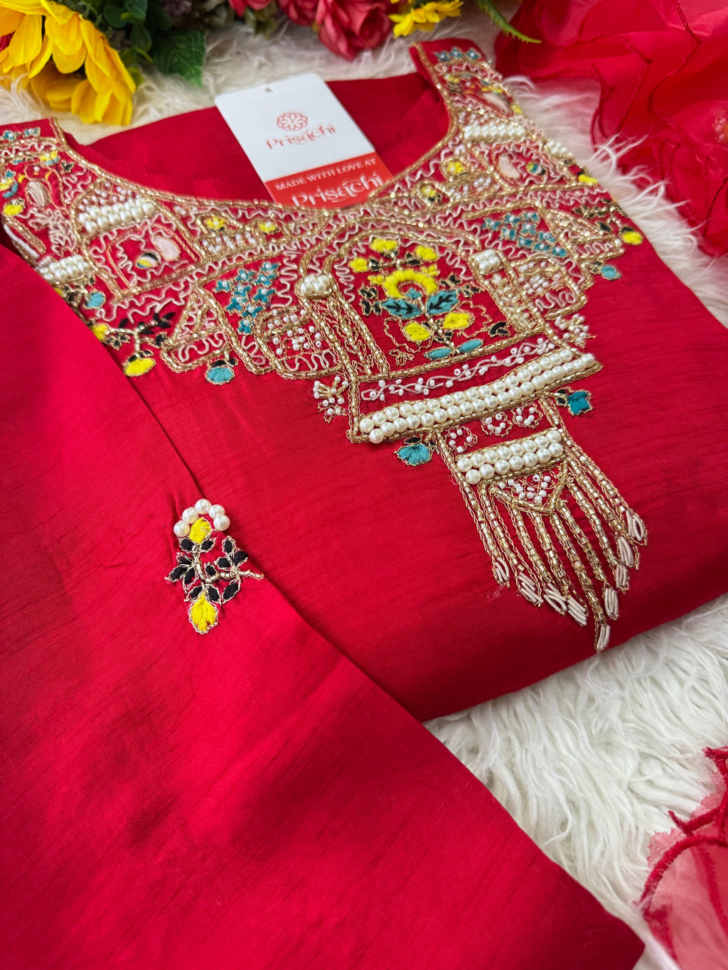 Red embroidered kurta set with dupatta