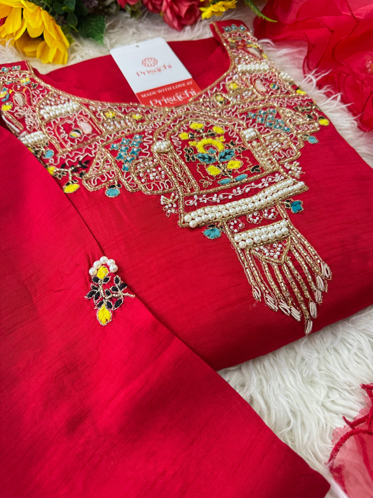 Red embroidered kurta set with dupatta