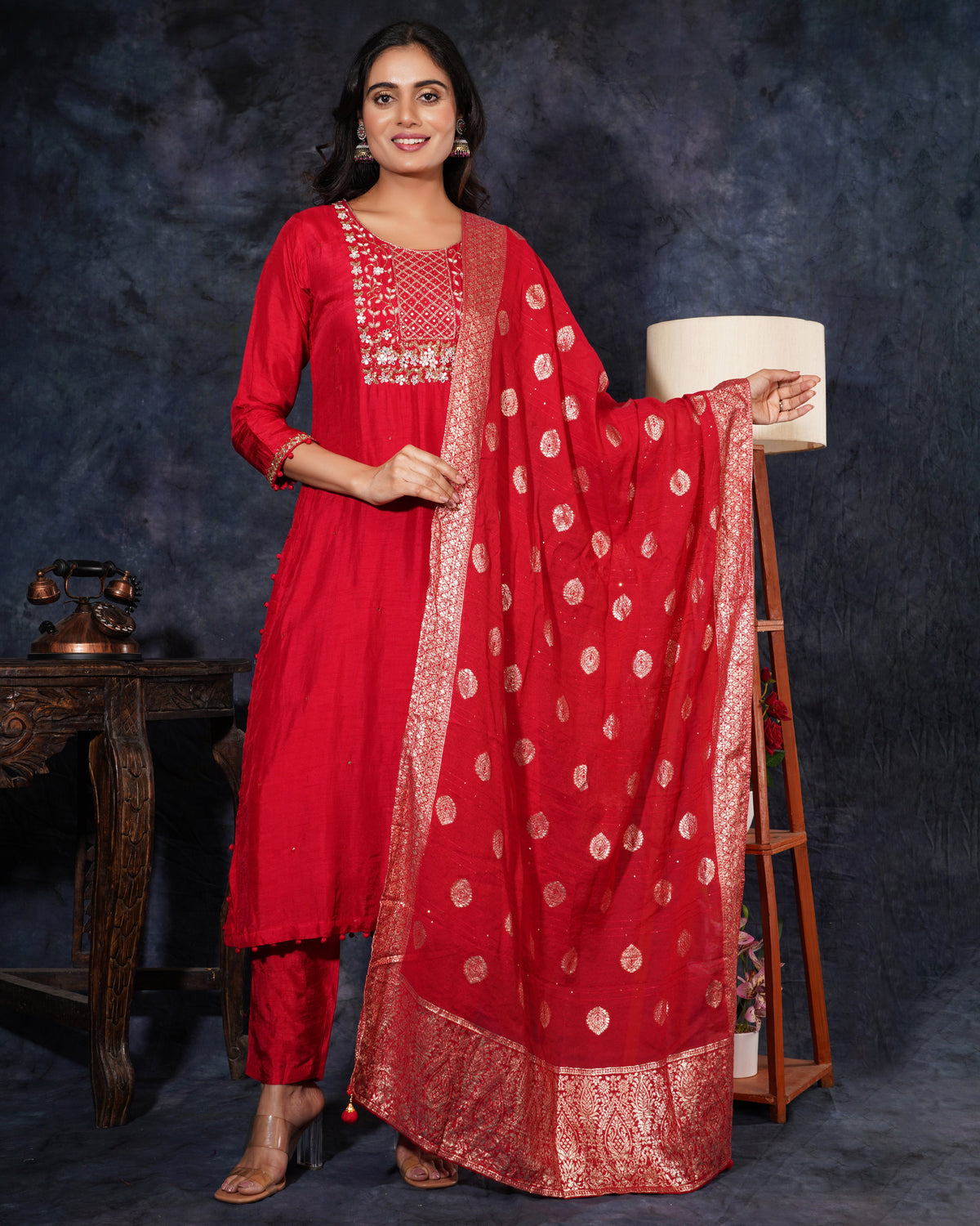 Red Embroidered kurta set with dupatta