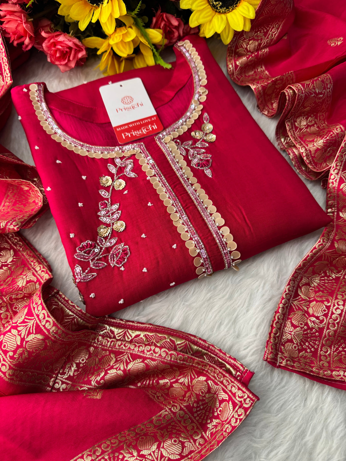 Pink Designer Embroidered Ethnic Kurta Set with Pants & Floral Dupatta
