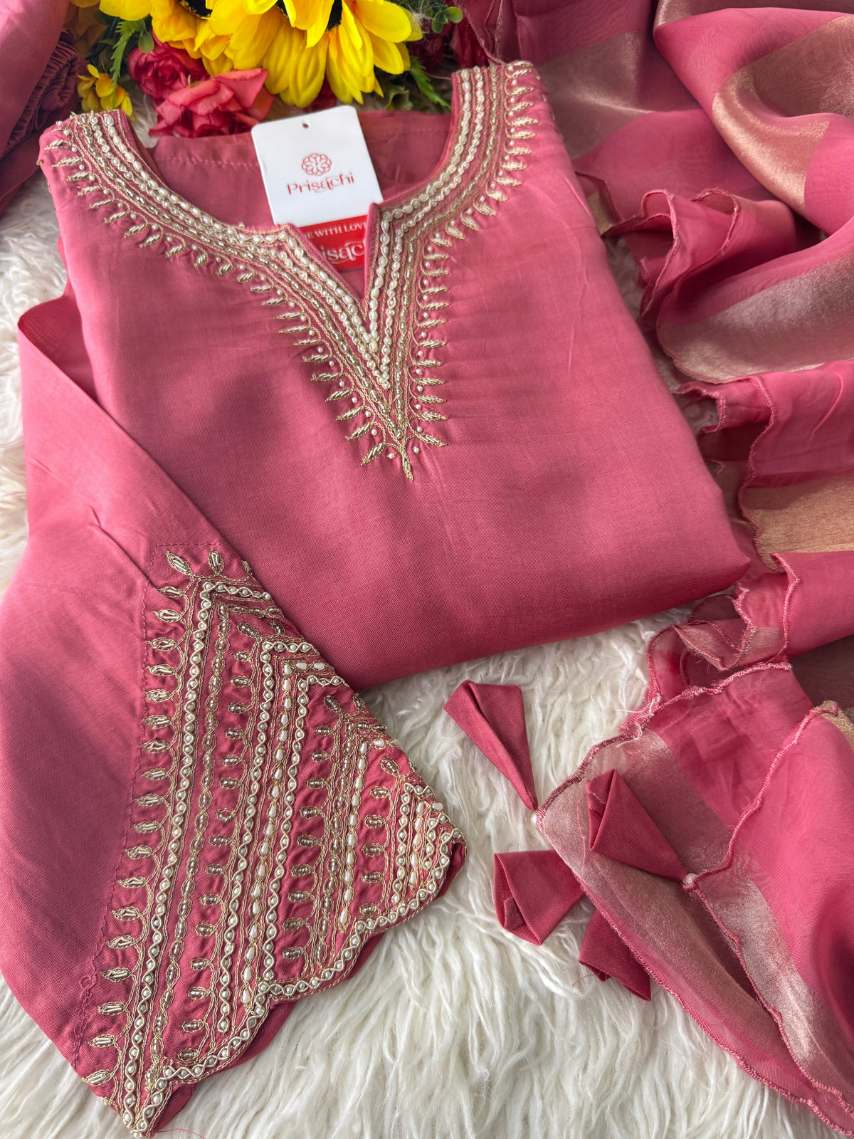 Prisachi Pink Embroidered kurta set with dupatta