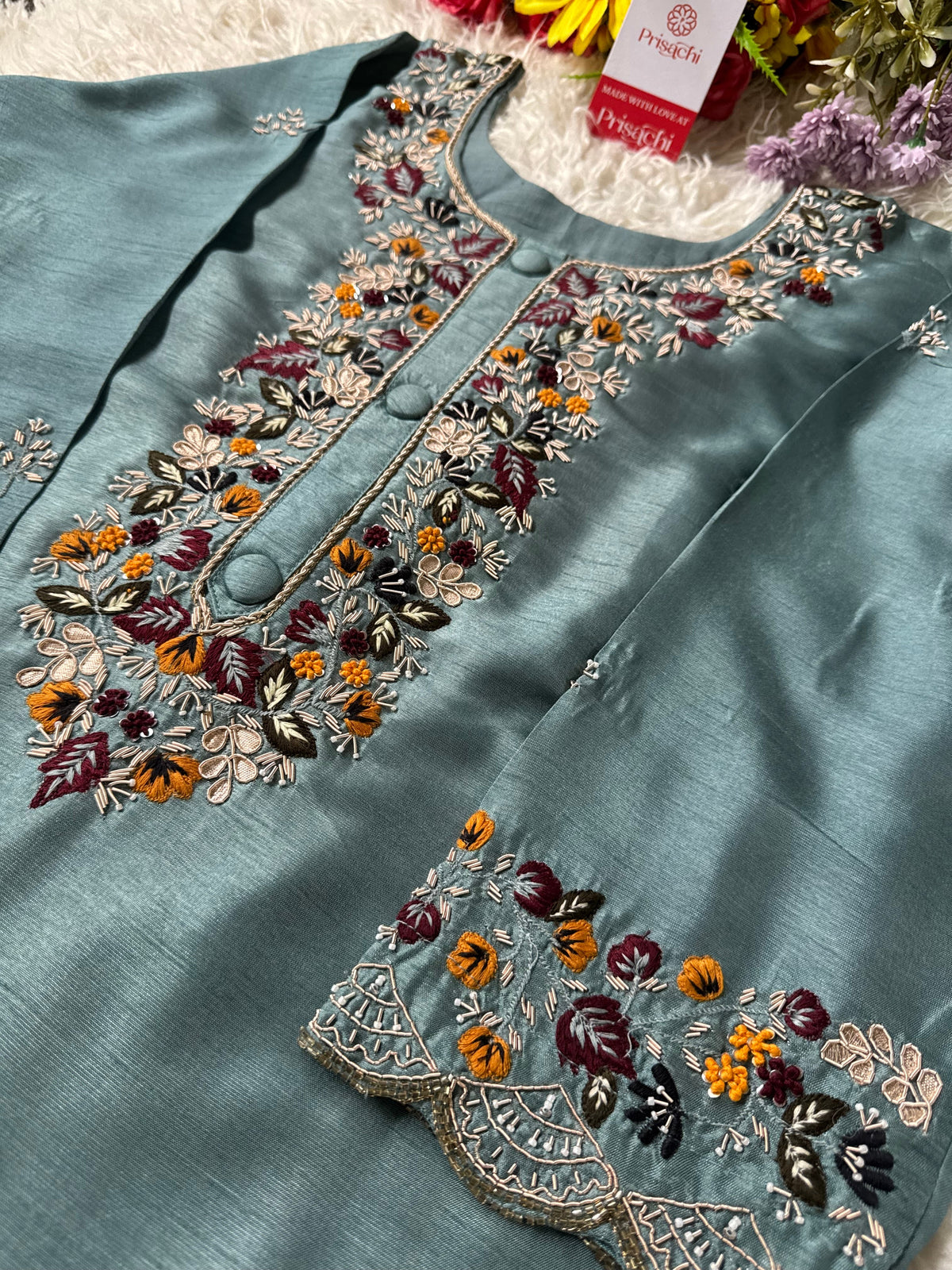 Sky blue Handwork kurta Pant  with dupatta