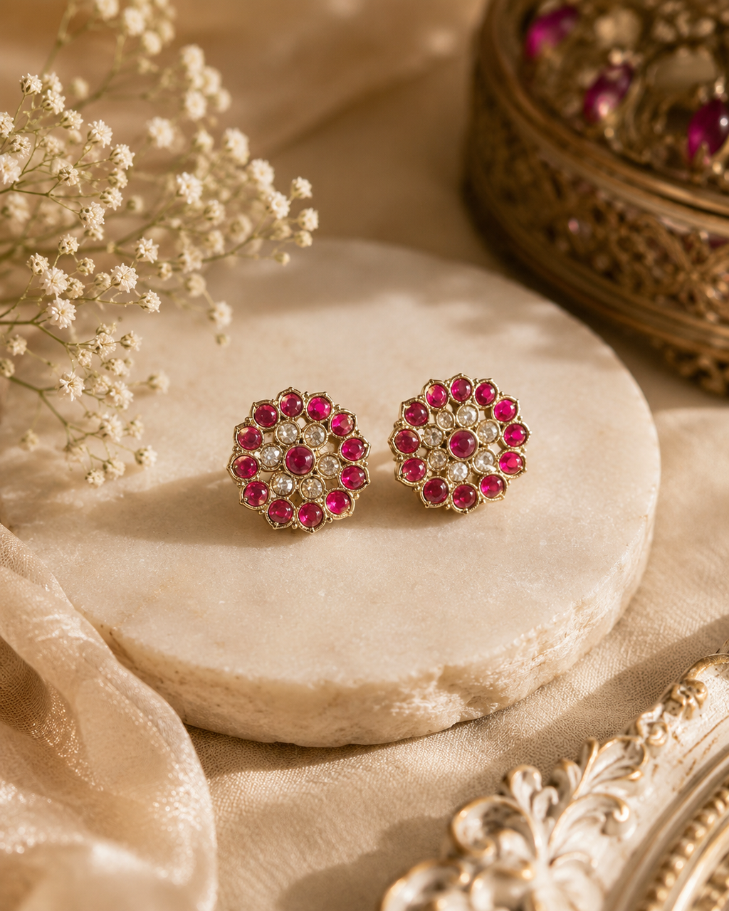 Gold-Plated Pink Polki Kundan Stud Earrings