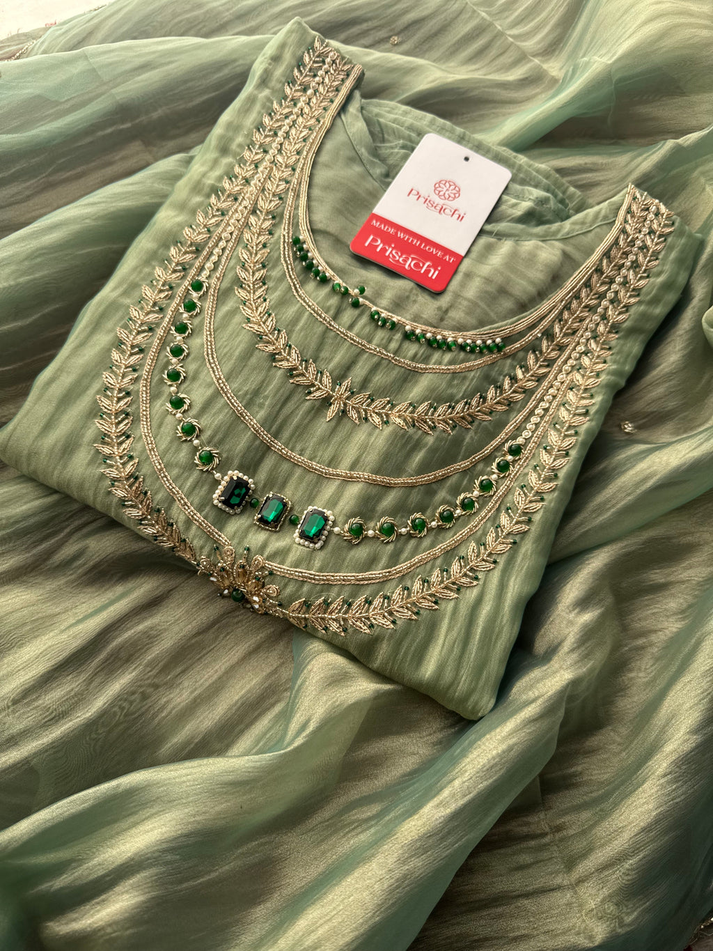 Green Zardozi Embroidered Ethnic A-Line Kurta Set for Women with Pants & Dupatta