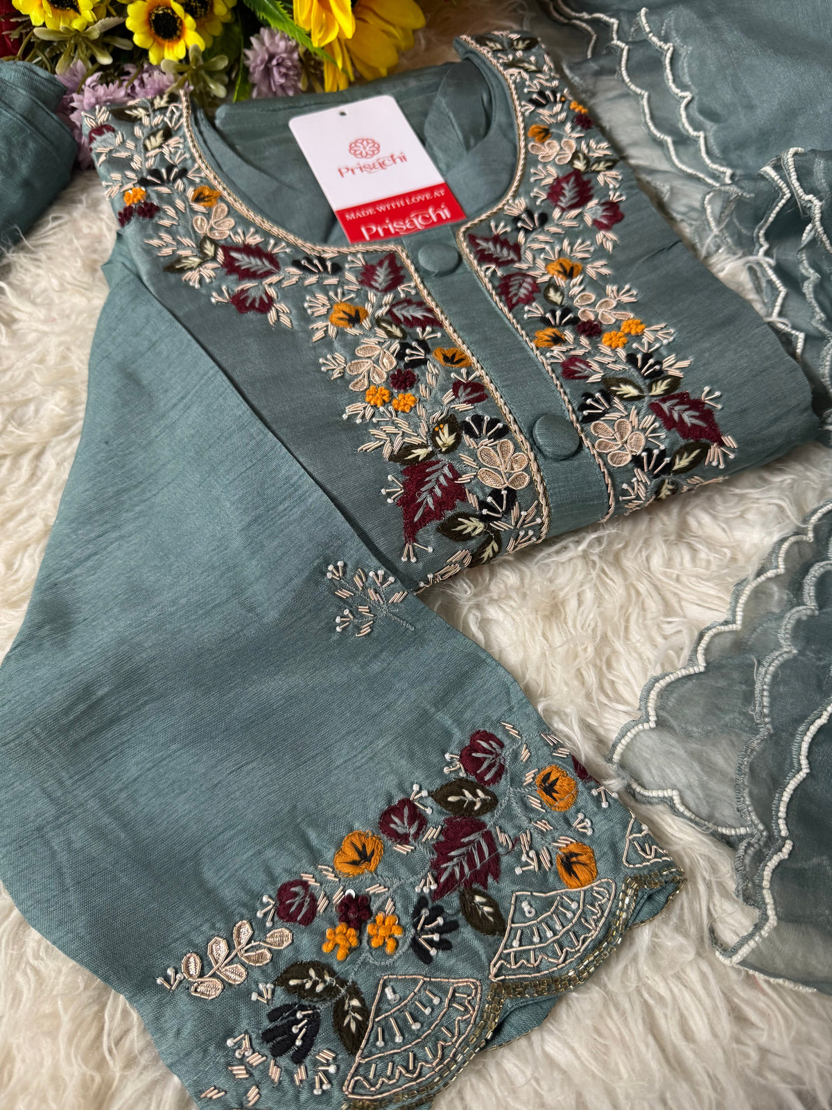 Sky blue Handwork kurta Pant  with dupatta