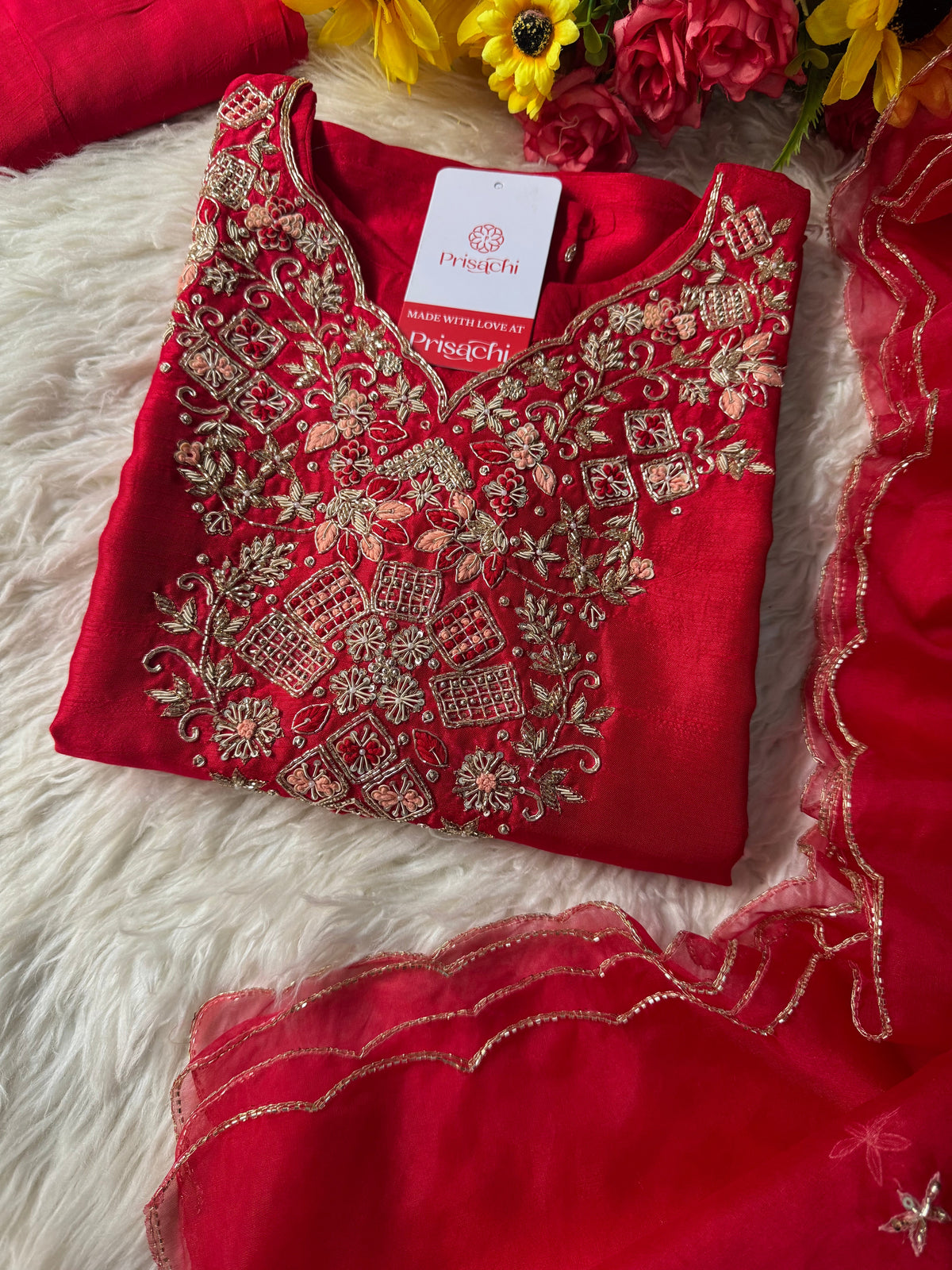 Red Embroidered kurta set with dupatta