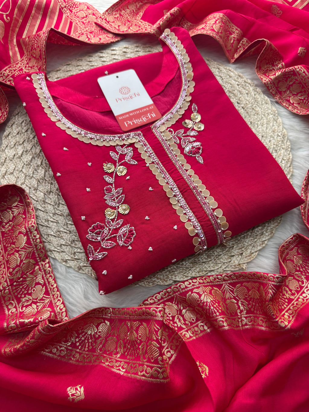 Pink Designer Embroidered Ethnic Kurta Set with Pants & Floral Dupatta