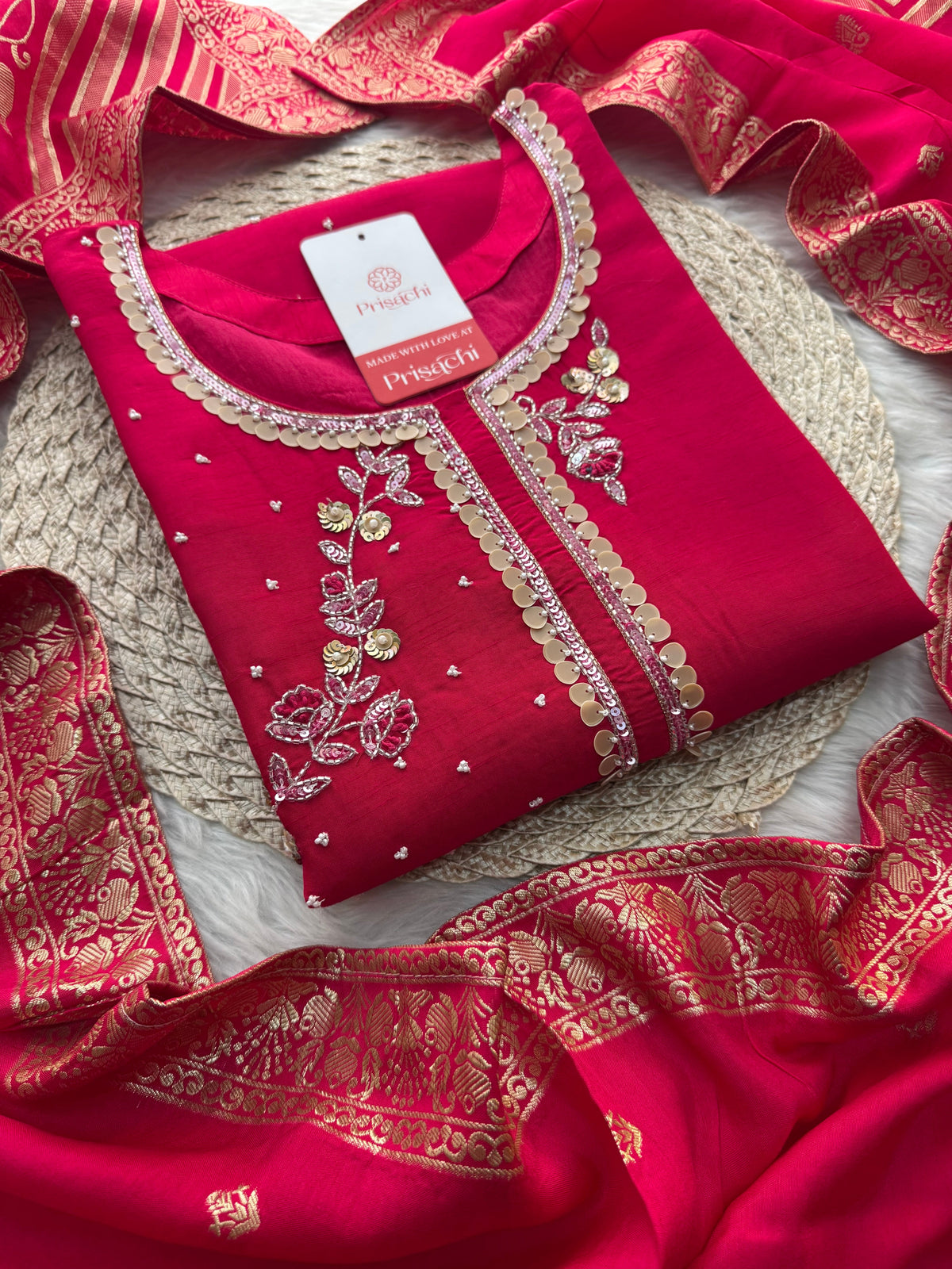 Pink Designer Embroidered Ethnic Kurta Set with Pants & Floral Dupatta