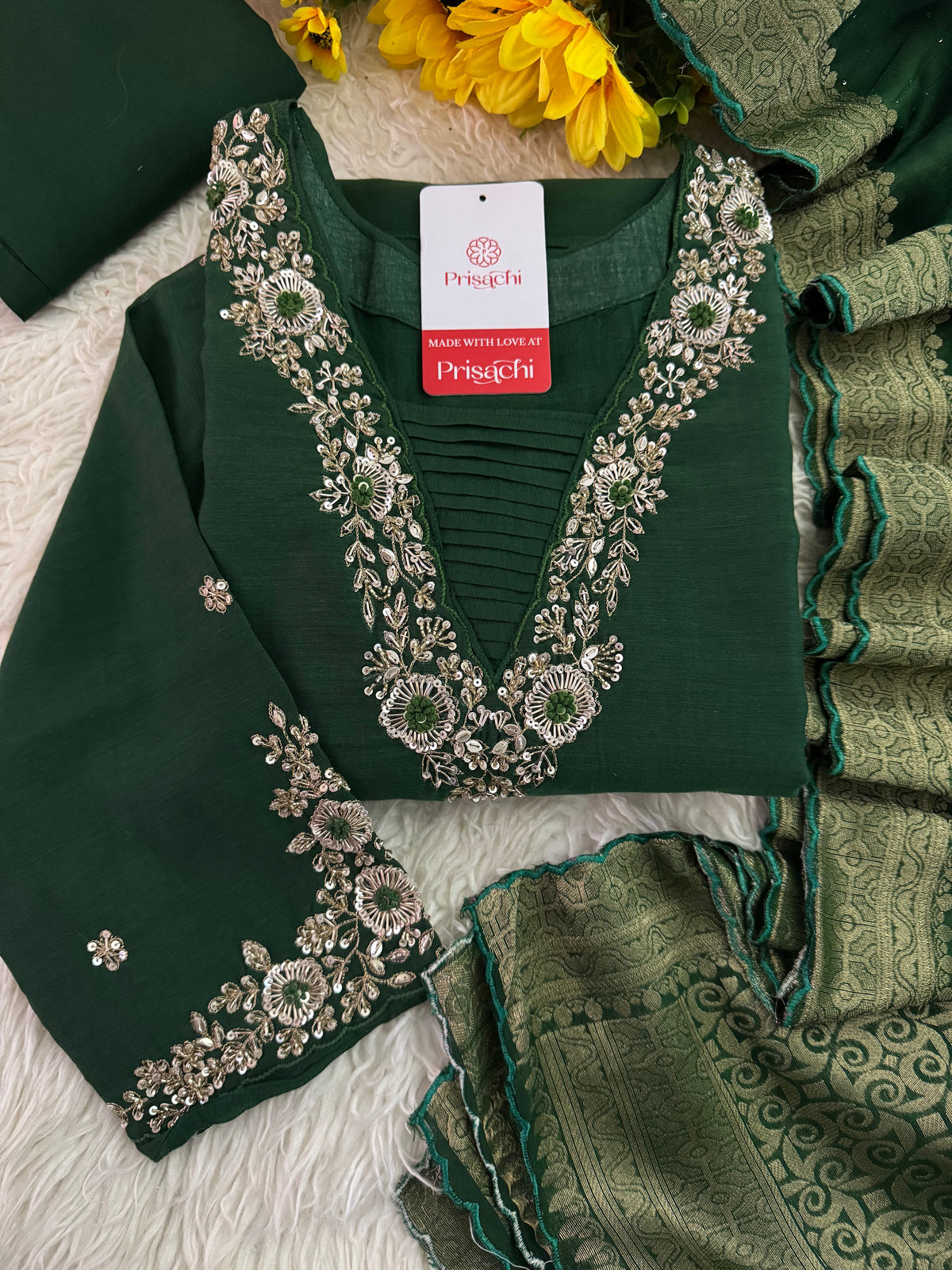 Brown hand embroidered kurta pant with dupatta
