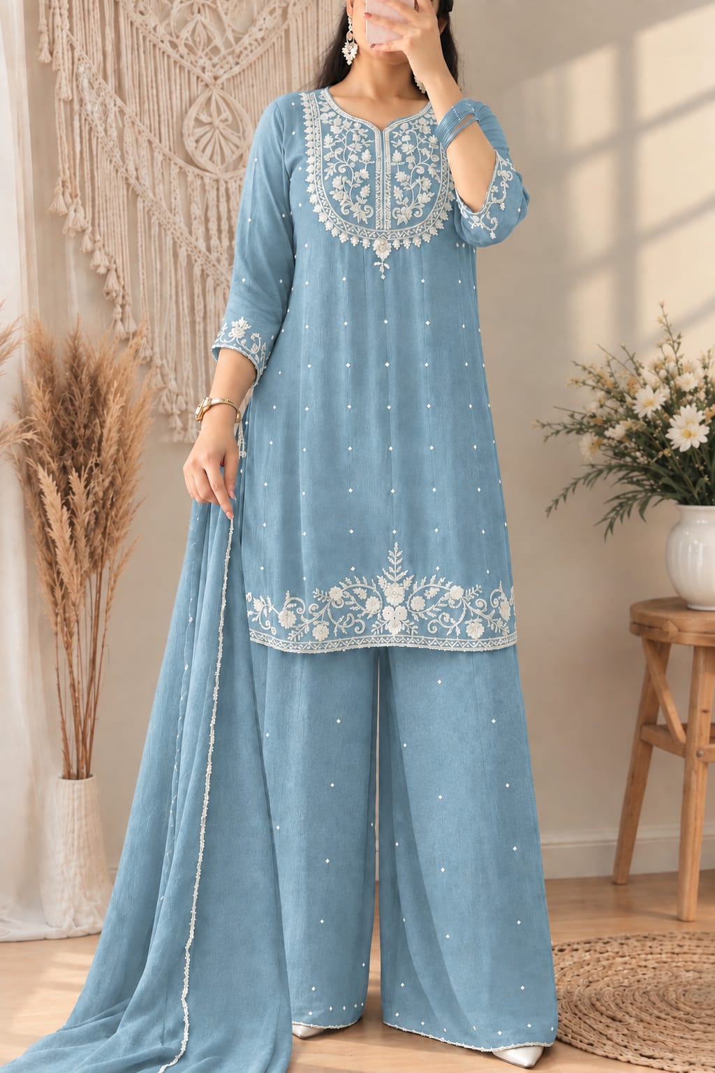 Pastel Blue Embroidered Kurta Set for Women with Palazzo Pants & Dupatta | Elegant Festive & Party Wear