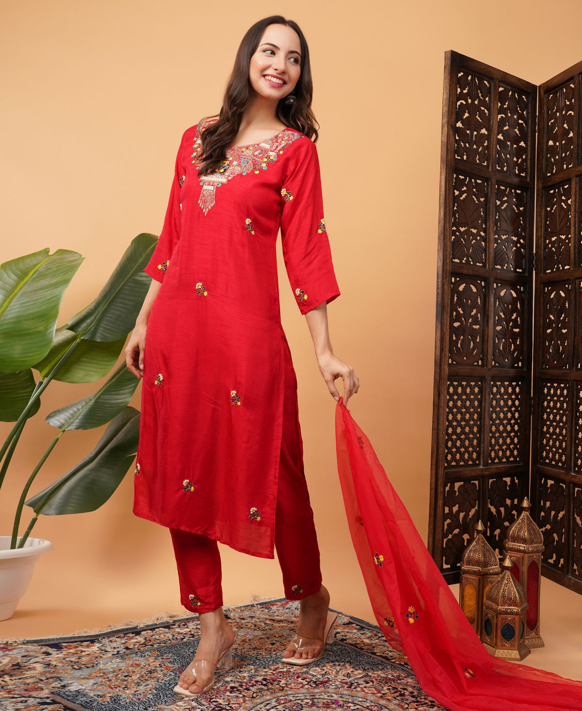 Red Designer Embroidered Ethnic Kurta Set with Pant & Dupatta