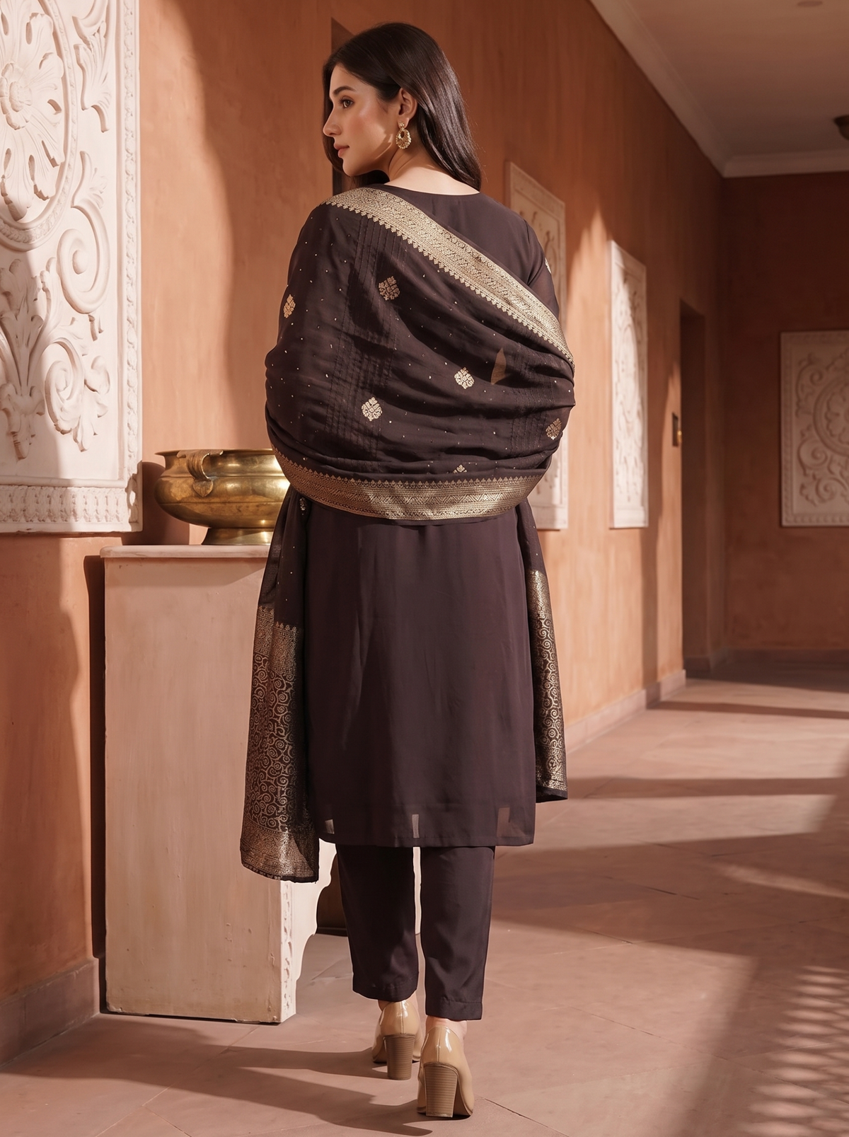 Brown Zardozi Embroidered Kurta Set with Banarasi Dupatta & Pants |Festive Ethnic Suit