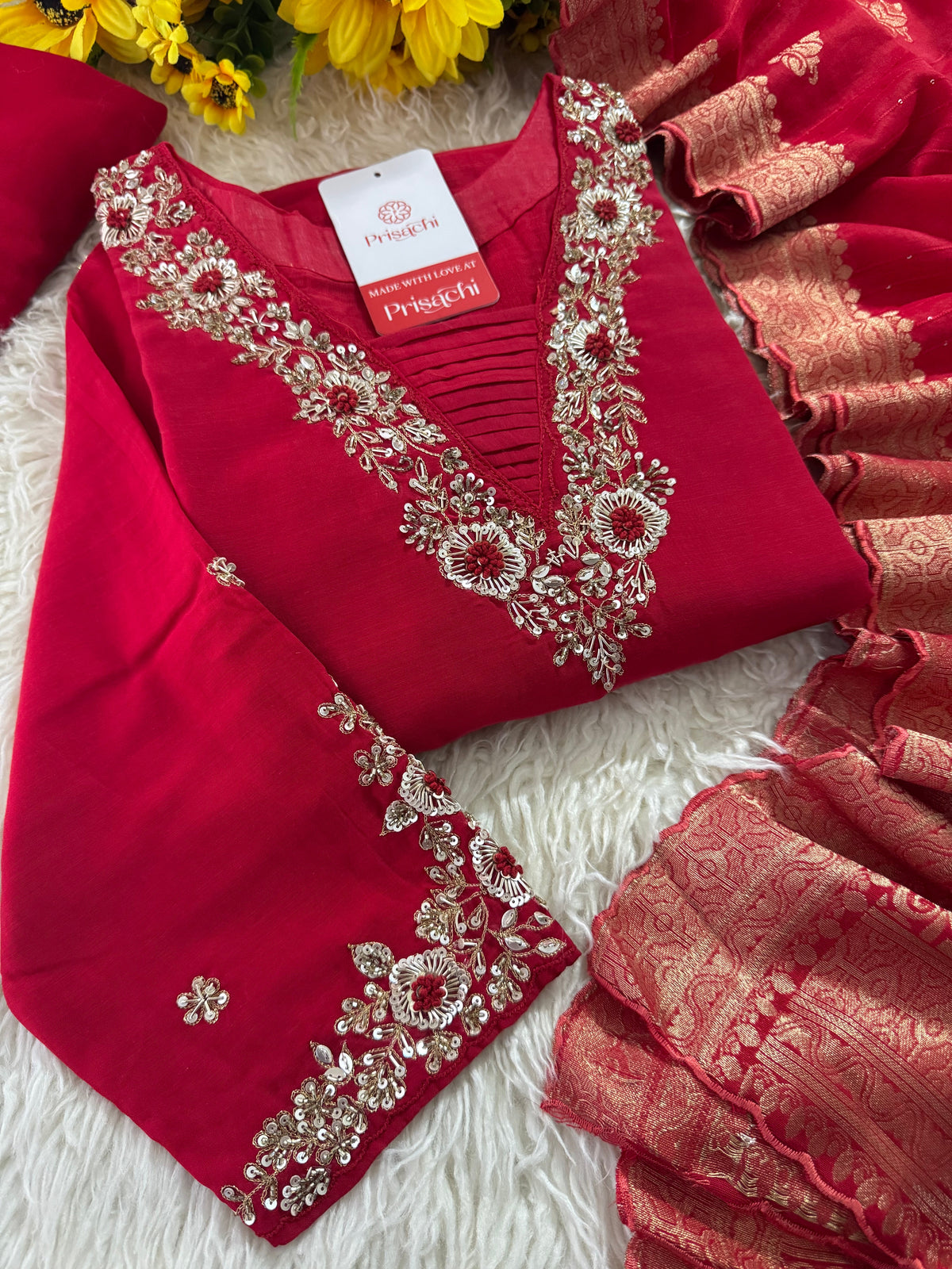 Red hand embroidered kurta pant with dupatta