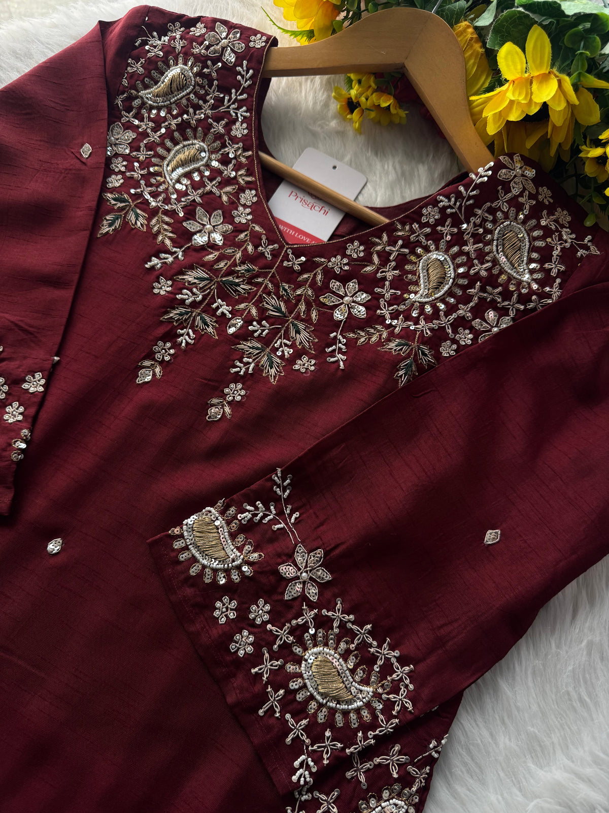Maroon Zardozi Embroidered Kurta Set for Women with Pants & Banarasi Dupatta | Traditional Ethnic wear