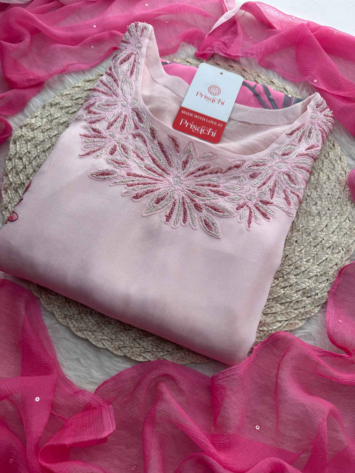 Baby Pink floral embroidered kurta set with dupatta and pant