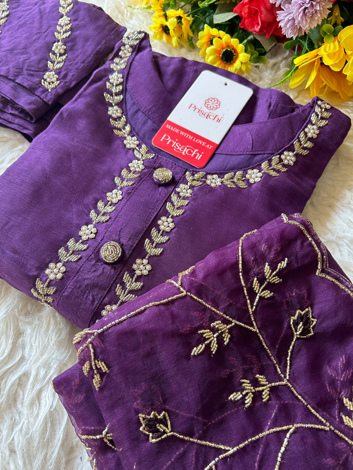 Purple embroidered kurta set with dupatta