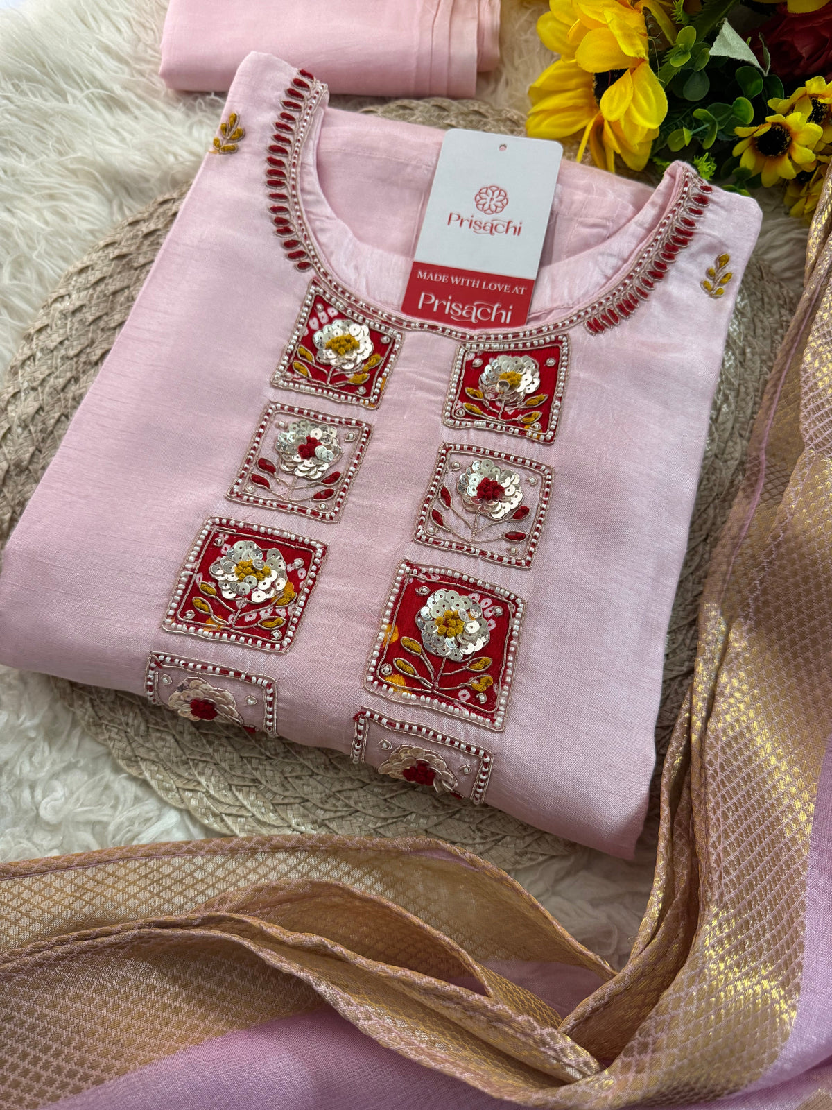 Pink Embroidered kurta set with dupatta