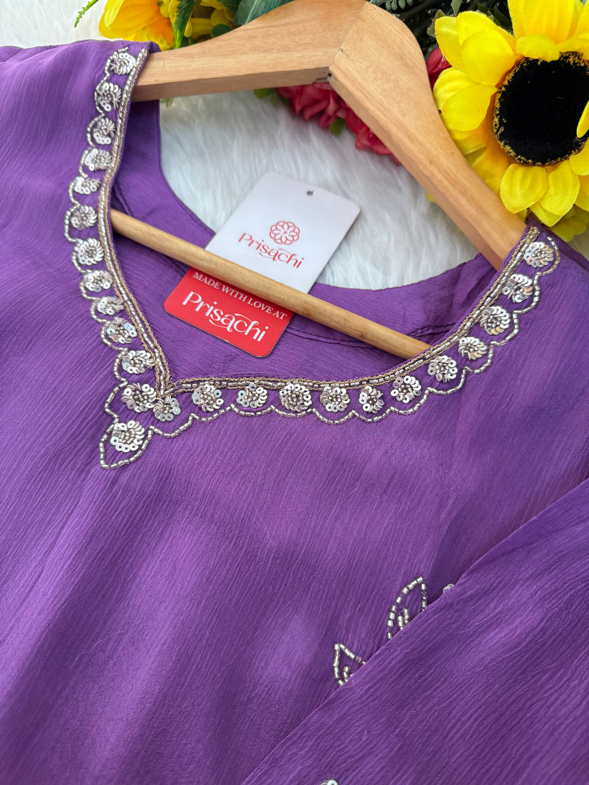 Purple  Embroidered Sharara Set with pants and Dupatta for Women | Prisachi