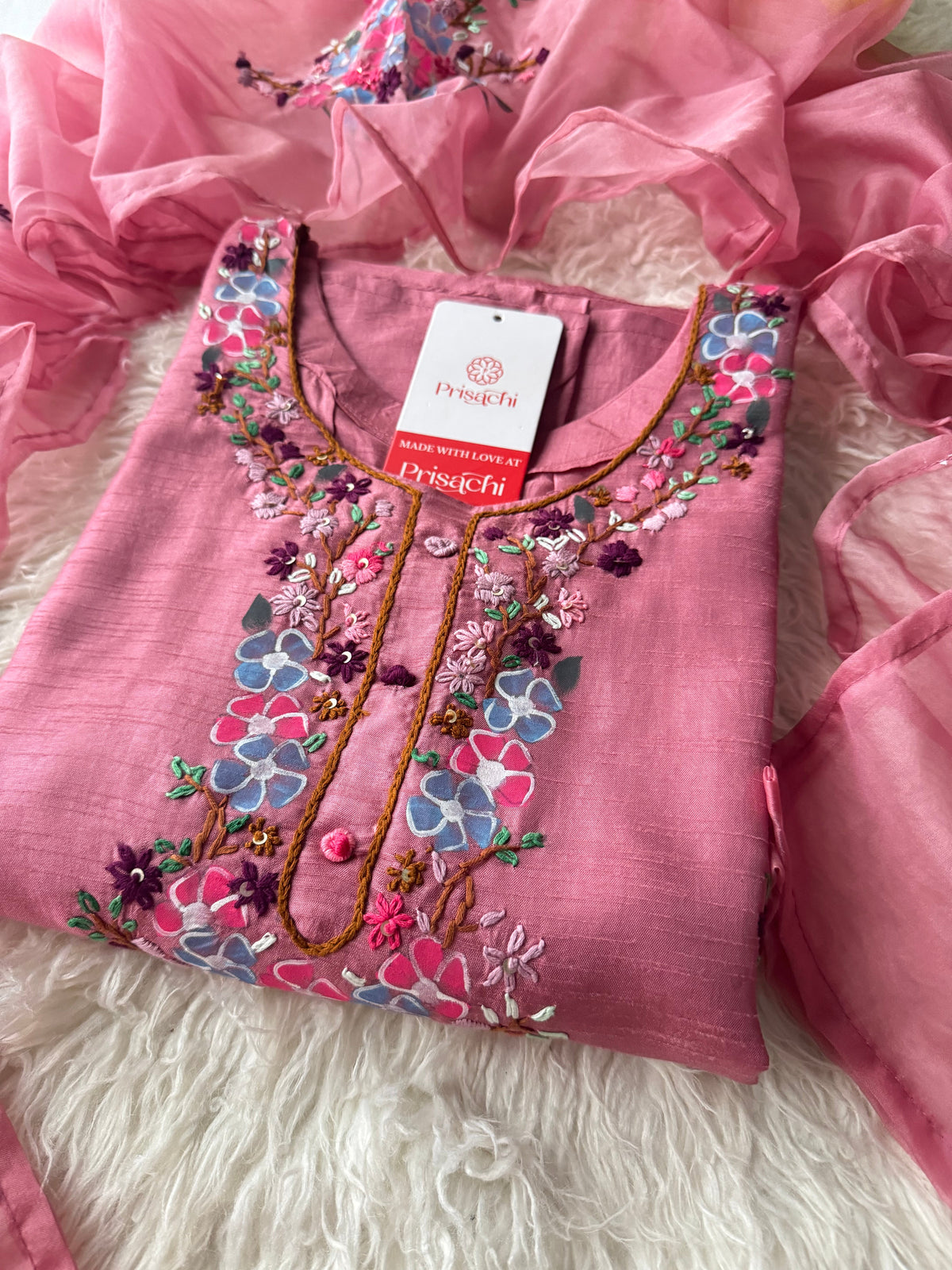 Pink Hand embroidered kurta set with dupatta