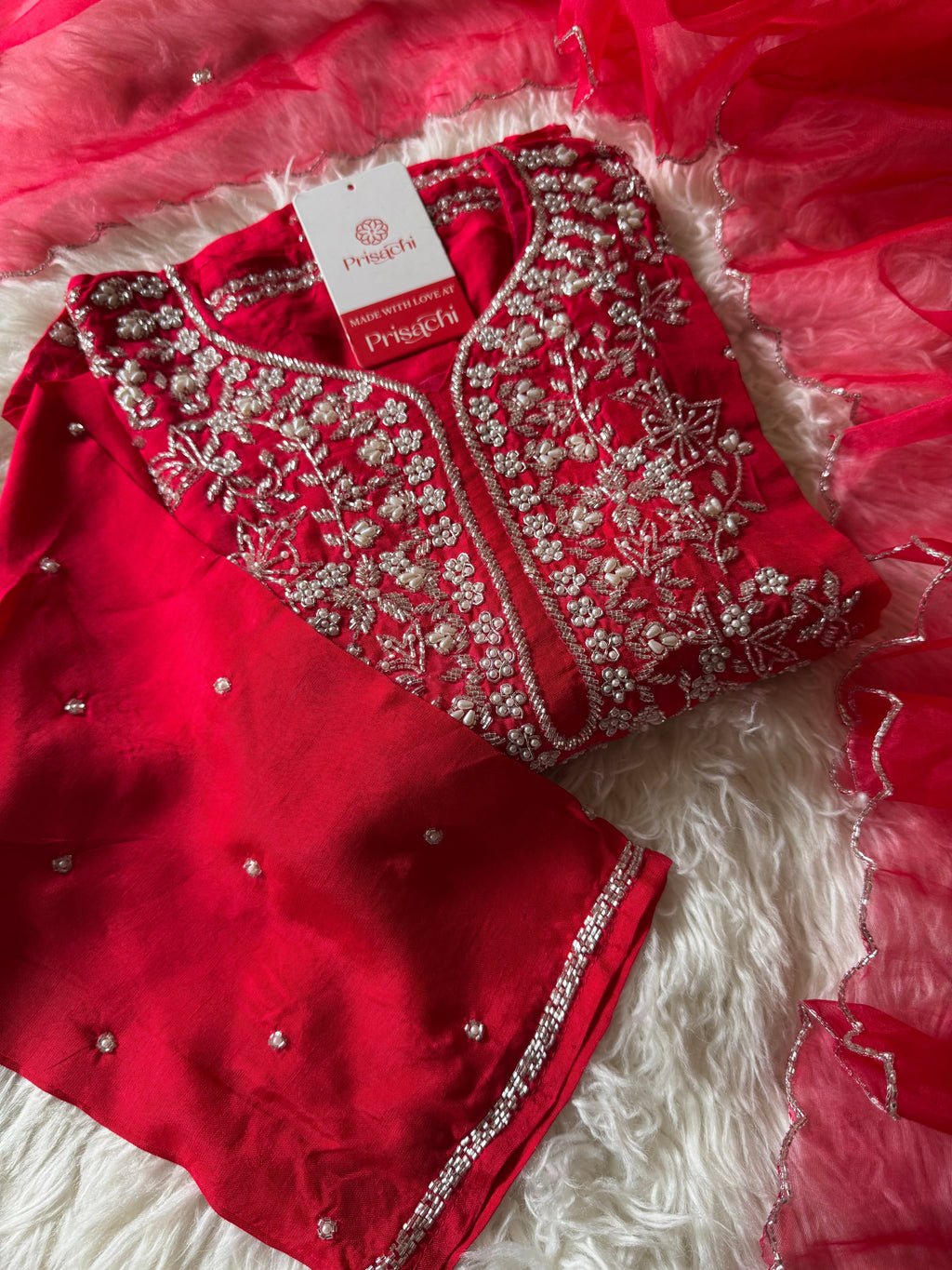 Red designer embroidered kurta set with dupatta