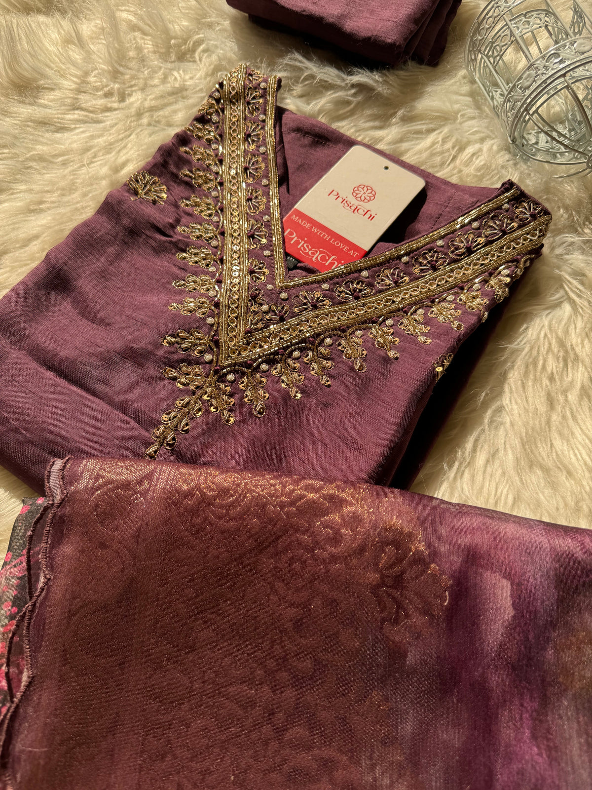 Purple hand embroidered kurta set with dupatta