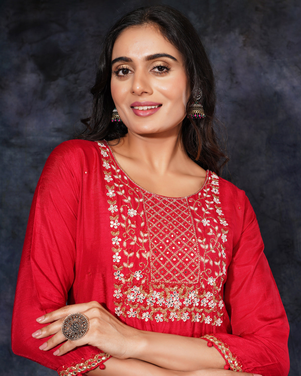 Red Embroidered kurta set with dupatta